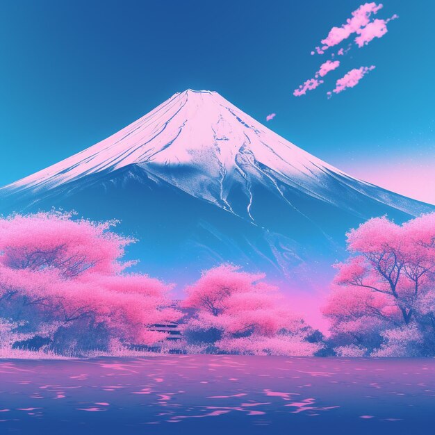 Monte Fuji, no Japão centralizado na imagem com a estética Vaporwave